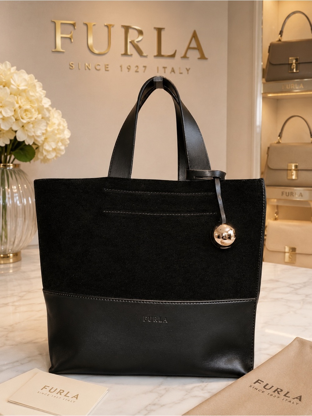 Furla Black Two-Tone Tote with Gold Charm